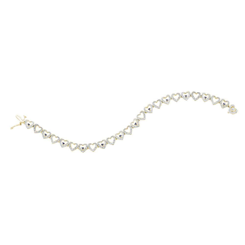 Yellow-tone Sterling Silver Womens Round Black Diamond Heart Link Bracelet 1/5 Cttw