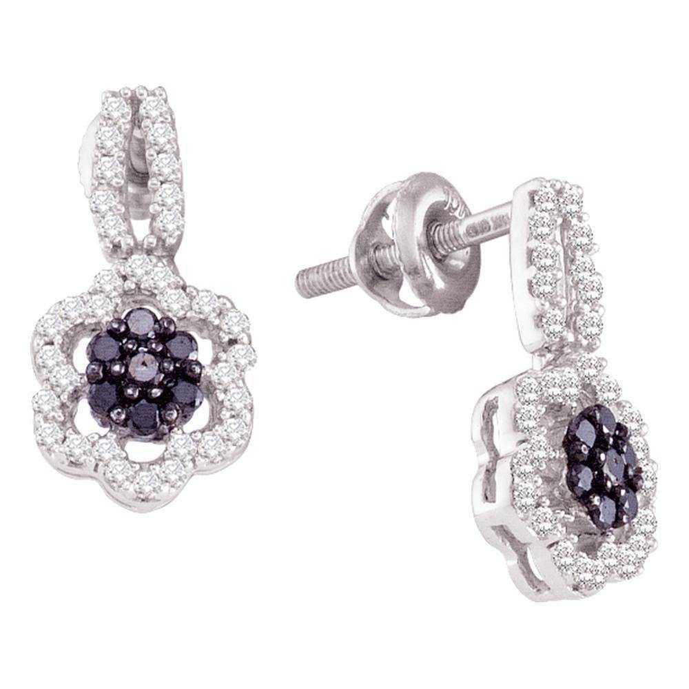 10K White Gold Round Black Color Enhanced Diamond Flower Cluster Dangle Earrings 1/4 Cttw - Gold Americas