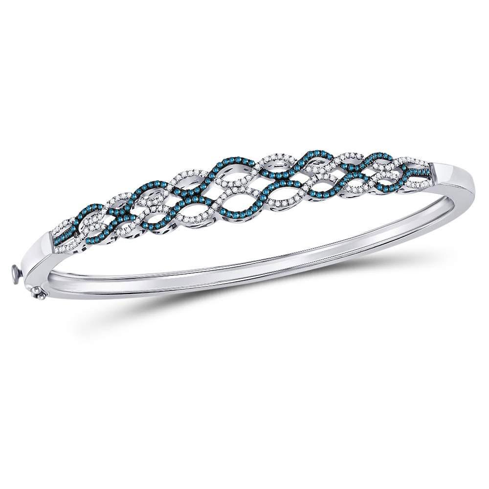 Sterling Silver Womens Round BlueDiamond Braided Bangle Bracelet 3/4 Cttw
