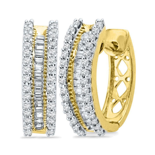 10K Yellow Gold Round Baguette Diamond Hoop Earrings 1/2 Cttw - Gold Americas