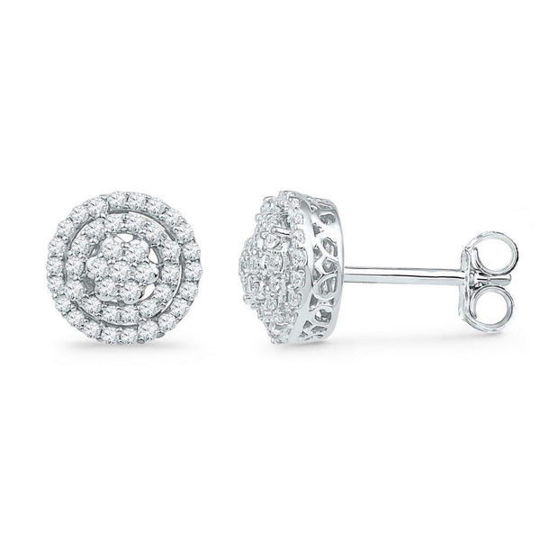10K White Gold Round Diamond Concentric Cluster Screwback Earrings 1/2 Cttw - Gold Americas