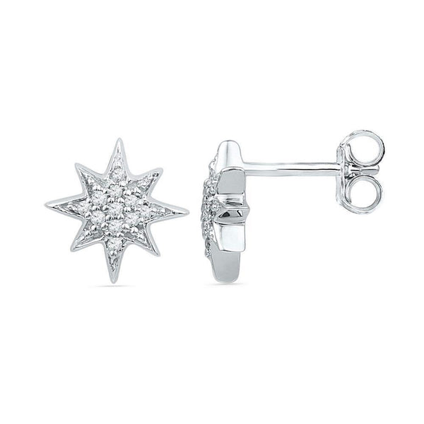 10K White Gold Round Diamond Starburst Cluster Screwback Earrings 1/10 Cttw - Gold Americas