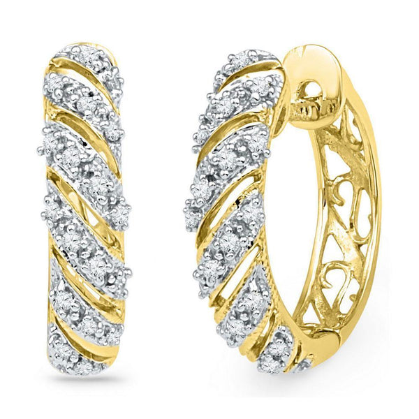 10K Yellow Gold Round Diamond Diagonal Stripe Hoop Earrings 1/6 Cttw - Gold Americas