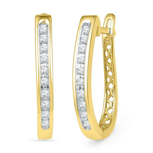 10K Yellow Gold Round Diamond Slender Single Row Oblong Hoop Earrings 1/5 Cttw - Gold Americas