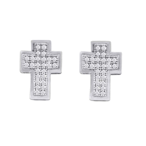 10K White Gold Round Diamond Concave Cross Stud Earrings 1/6 Cttw