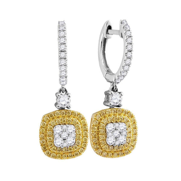 18K White Gold Round Yellow Diamond Square Cluster Dangle Earrings 7/8 Cttw - Gold Americas