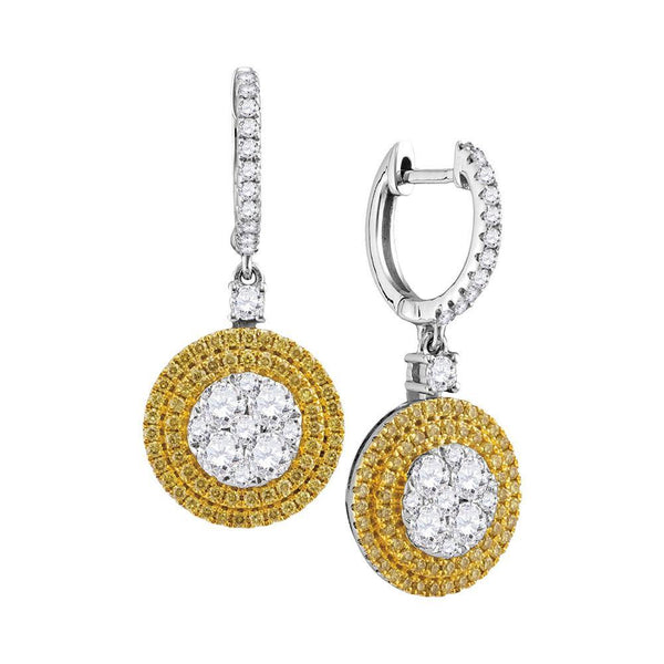 18K White Gold Round Yellow Diamond Circle Frame Cluster Dangle Earrings 1-5/8 Cttw - Gold Americas