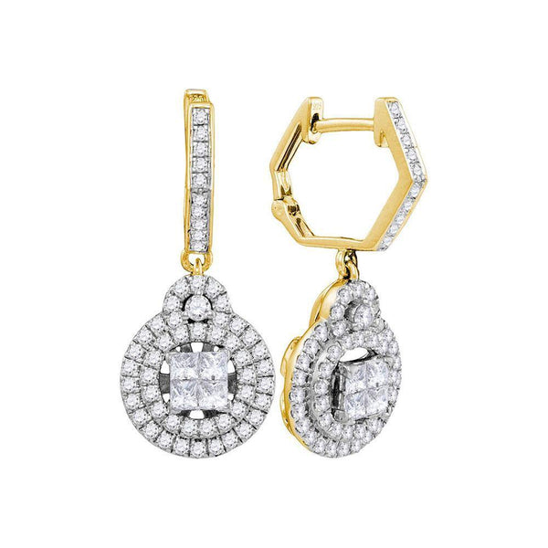 14K Yellow Gold Princess Diamond Double Circle Frame Dangle Earrings 1.00 Cttw - Gold Americas