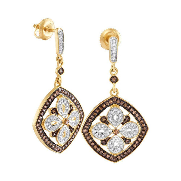 14K Yellow Gold Round Brown Color Enhanced Diamond Square Dangle Earrings 1/2 Cttw - Gold Americas