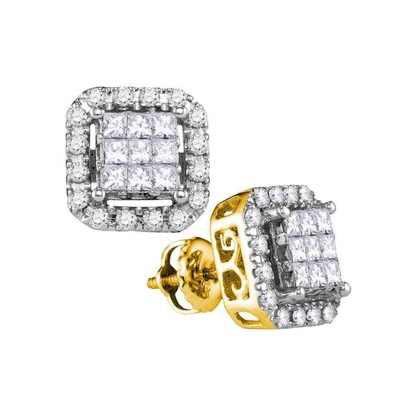 14K Yellow Gold Princess Diamond Square Frame Cluster Stud Earrings 1.00 Cttw - Gold Americas