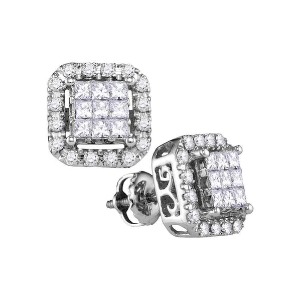 14K White Gold Princess Diamond Square Frame Cluster Stud Earrings 1.00 Cttw - Gold Americas