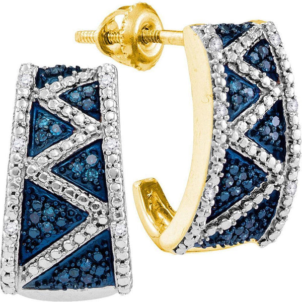 10K Yellow Gold Round Blue Color Enhanced Diamond Half J Hoop Earrings 1/10 Cttw - Gold Americas