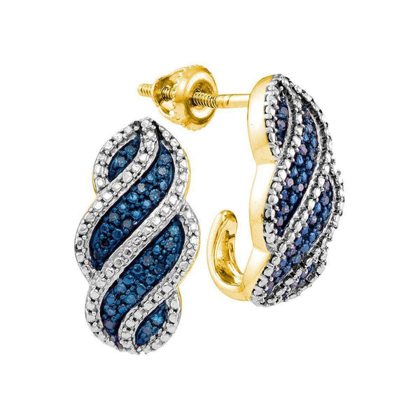 10K Yellow Gold Round Blue Color Enhanced Diamond J Half Hoop Earrings 1/10 Cttw - Gold Americas