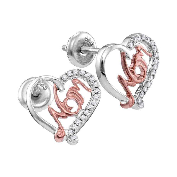 10K White Gold Round Diamond Heart Mom Screwback Stud Earrings 1/6 Cttw