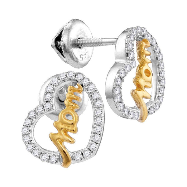 10K White Gold Round Diamond Two-tone Heart Mom Screwback Earrings 1/3 Cttw