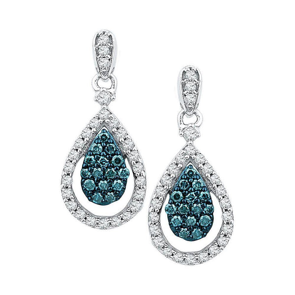 10K White Gold Round Blue Color Enhanced Diamond Teardrop Dangle Earrings 5/8 Cttw - Gold Americas