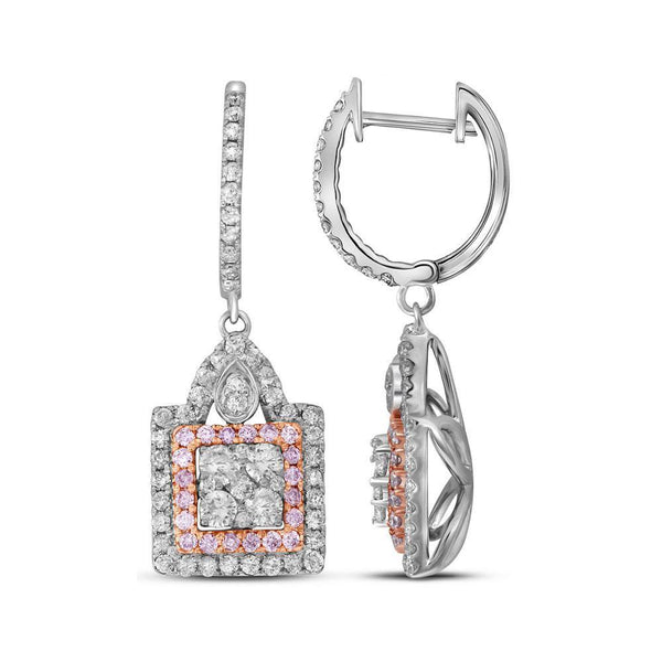 14K White Gold Round Pink Diamond Square Cluster Dangle Earrings 1.00 Cttw - Gold Americas
