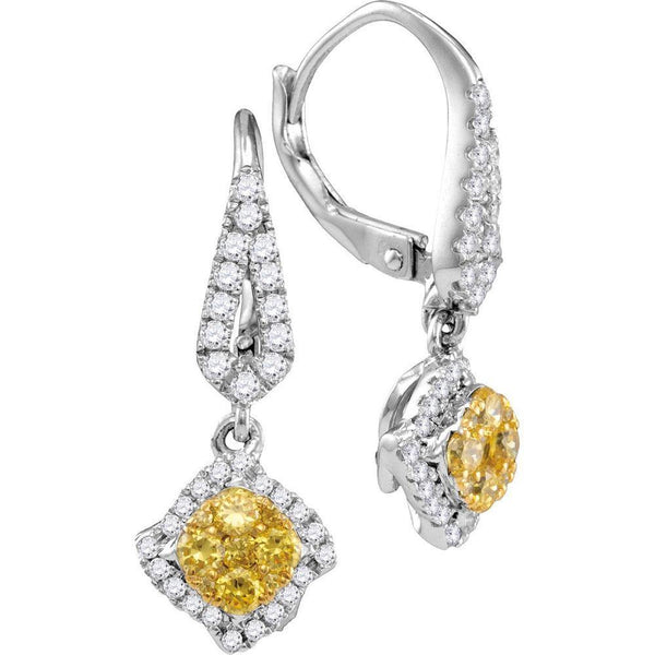 14K White Gold Round Yellow Diamond Diagonal Square Cluster Dangle Earrings 3/4 Cttw - Gold Americas