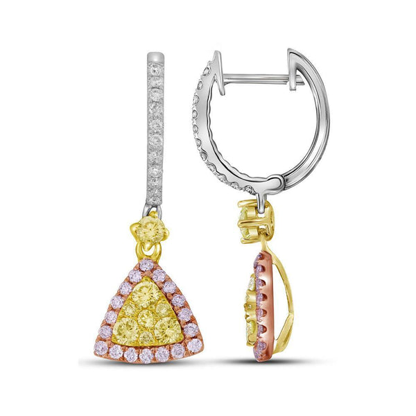 14K White Gold Round Yellow Pink Diamond Triangle Dangle Earrings 1.00 Cttw - Gold Americas