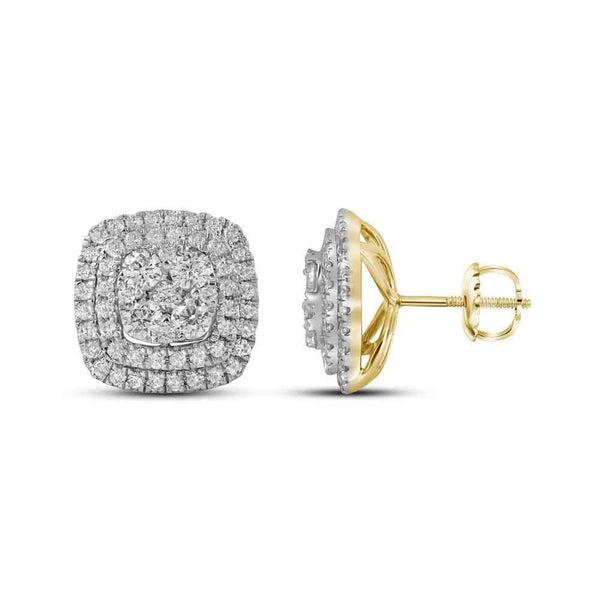 14K Yellow Gold Round Diamond Double Square Frame Cluster Earrings 1-1/2 Cttw - Gold Americas