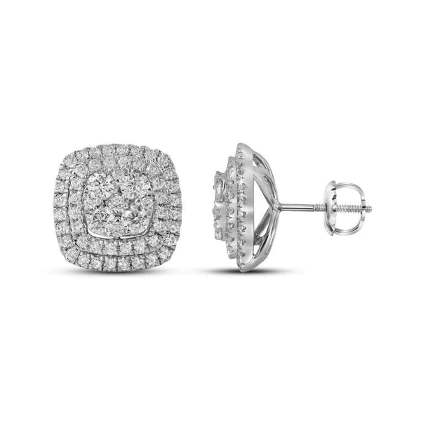 14K White Gold Round Diamond Double Square Frame Cluster Earrings 1-1/2 Cttw - Gold Americas