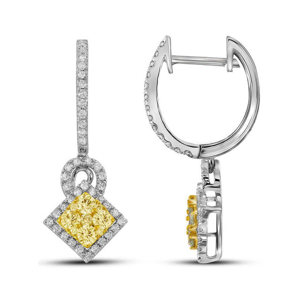 14K White Gold Round Yellow Diamond Diagonal Square Dangle Cluster Earrings 1.00 Cttw - Gold Americas