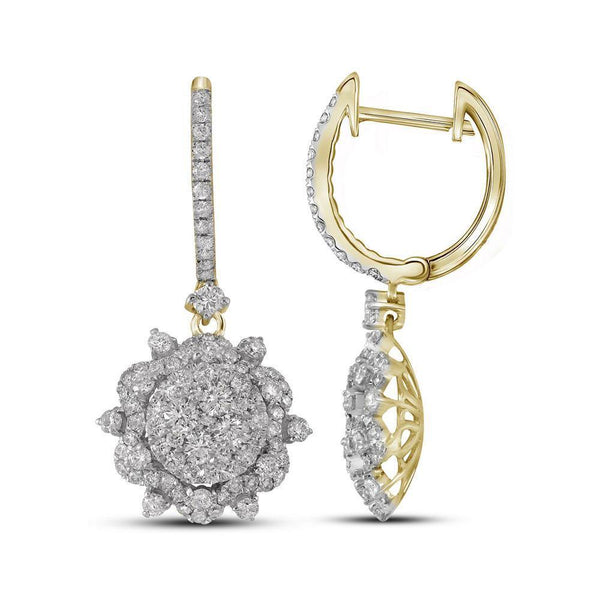 14K Yellow Gold Round Diamond Starburst Cluster Dangle Hoop Earrings 2-1/4 Cttw - Gold Americas