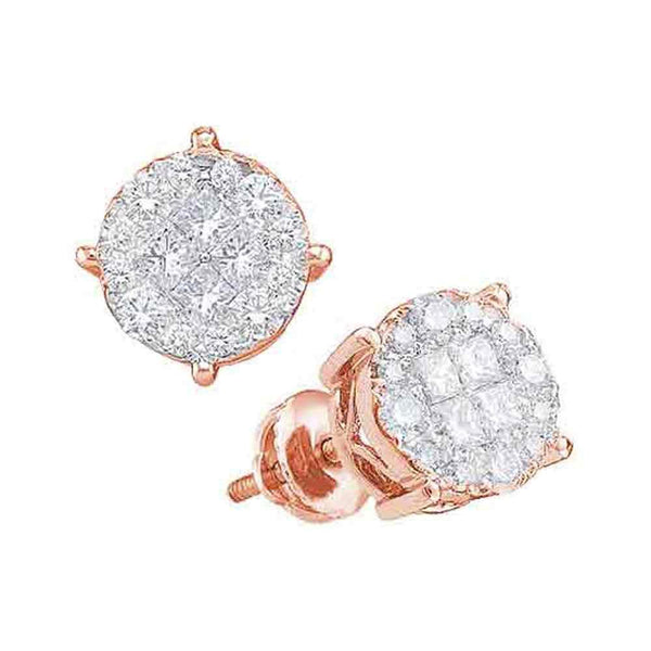 14K Rose Gold Princess & Round Diamond Soleil Cluster Screwback Earrings 1.00 Cttw - Gold Americas