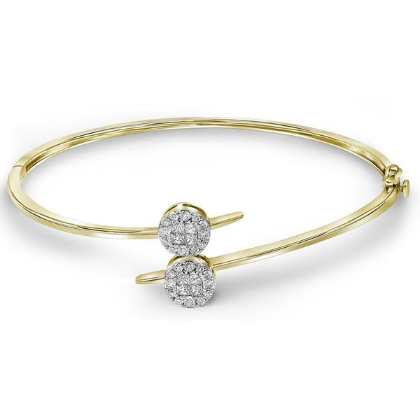 14K Yellow Gold Princess Diamond Double Cluster Bangle Bracelet 3/4 Cttw