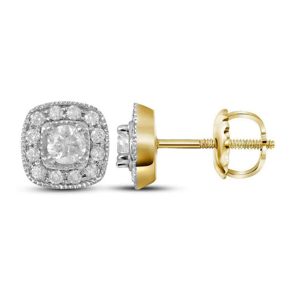 14K Yellow Gold Round Diamond Solitaire Square Frame Earrings 3/8 Cttw