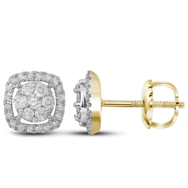 14K Yellow Gold Round Diamond Flower Cluster Square Frame Earrings 3/8 Cttw - Gold Americas