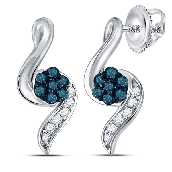 Sterling Silver Round Blue Color Enhanced Diamond Cluster Stud Earrings 1/5 Cttw - Gold Americas