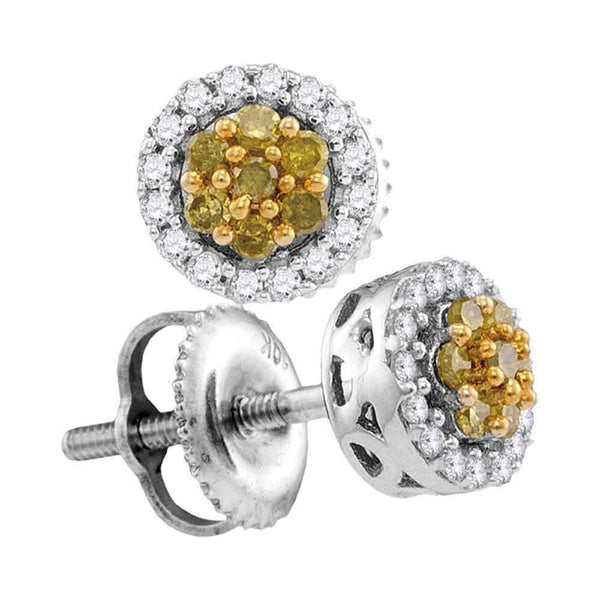 10K White Gold Round Yellow Color Enhanced Diamond Cluster Earrings 1/4 Cttw - Gold Americas