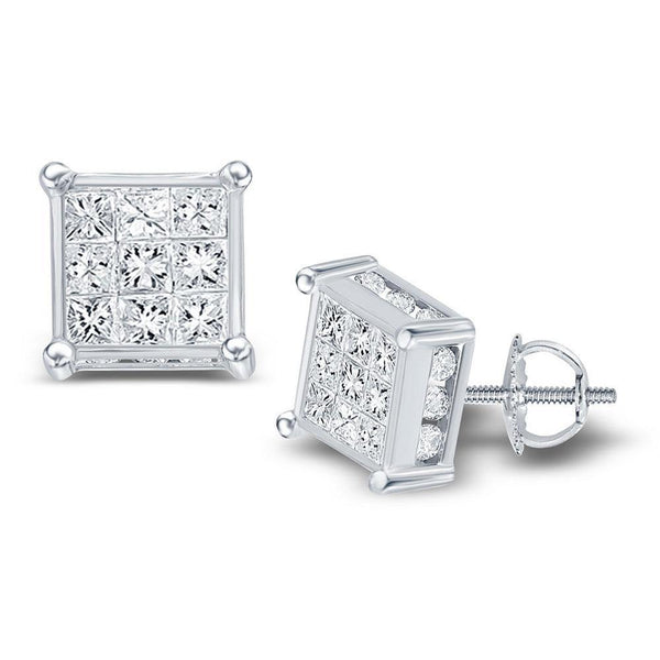 14K White Gold Princess Diamond Square Cluster Stud Earrings 1-1/2 Cttw - Gold Americas