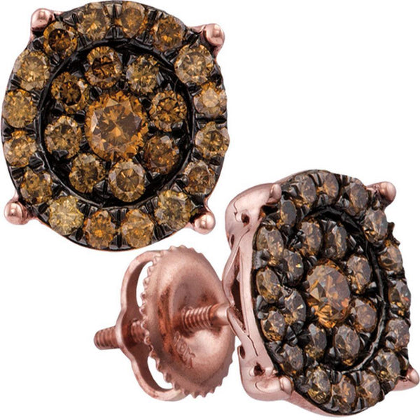 10K Rose Gold Round Cognac-brown Color Enhanced Diamond Circle Flower Cluster Earrings 1.00 Cttw - Gold Americas