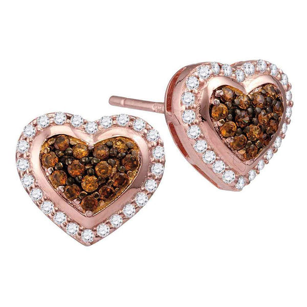 10K Rose Gold Round Cognac-brown Color Enhanced Diamond Heart Cluster Screwback Earrings 1/2 Cttw - Gold Americas