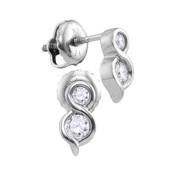 14K White Gold Round Diamond 2-stone Hearts Together Stud Earrings 1/4 Cttw