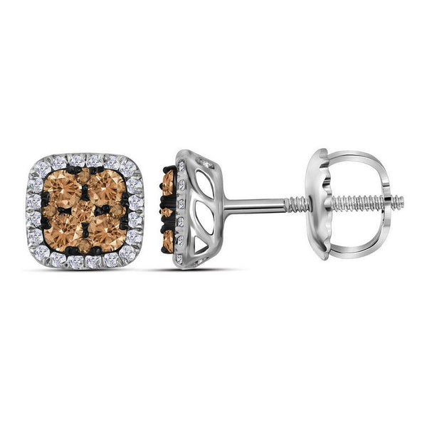 14K White Gold Round Cognac-brown Color Enhanced Diamond Square Cluster Earrings 1/2 Cttw - Gold Americas