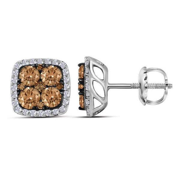 14K White Gold Round Brown Color Enhanced Diamond Square Cluster Earrings 1.00 Cttw - Gold Americas