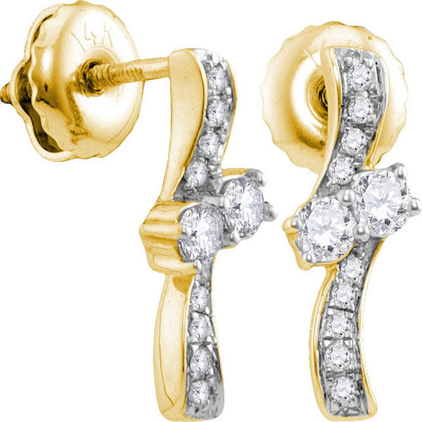 14K Yellow Gold Round Diamond 2-stone Hearts Together Screwback Stud Earrings 1/4 Cttw