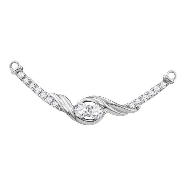 14K White Gold Womens Round Diamond 2-stone Hearts Together Bar Pendant Necklace 1/3 Cttw