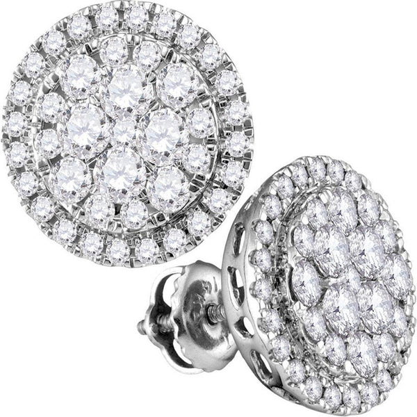 14K White Gold Round Diamond Circle Frame Cluster Stud Earrings 1.00 Cttw - Gold Americas