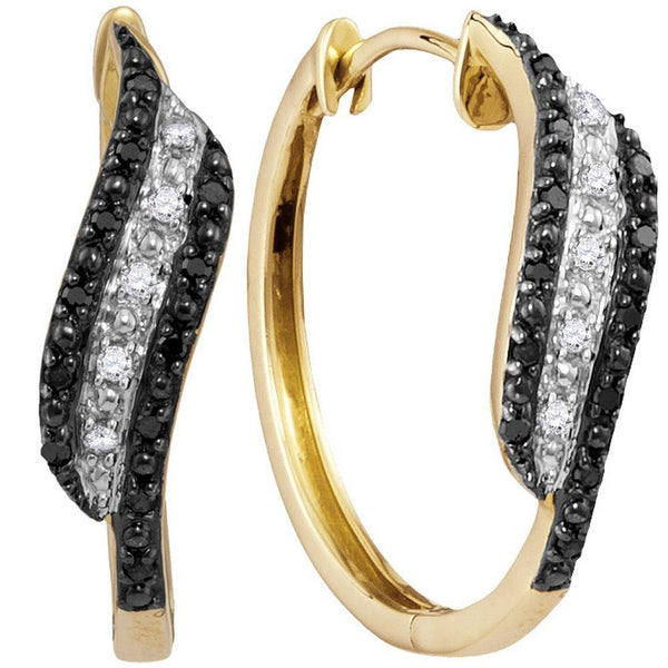 10K Yellow Gold Round Black Color Enhanced Diamond Hoop Earrings 1/5 Cttw - Gold Americas