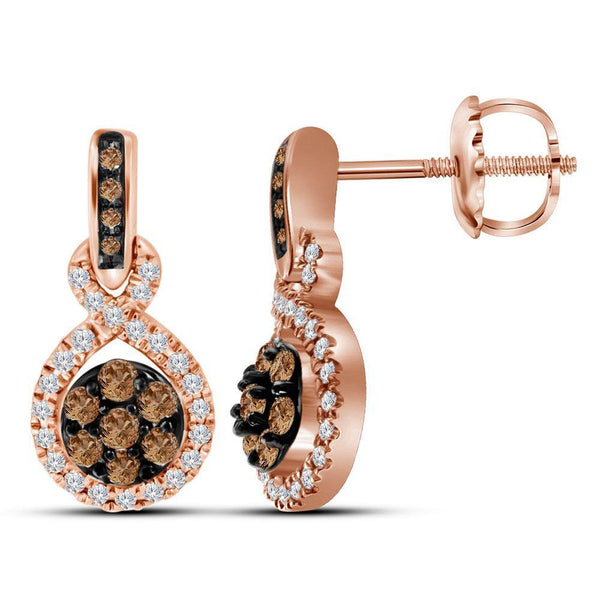 10K Rose Gold Round Cognac-brown Color Enhanced Diamond Cluster Dangle Earrings 1/2 Cttw - Gold Americas