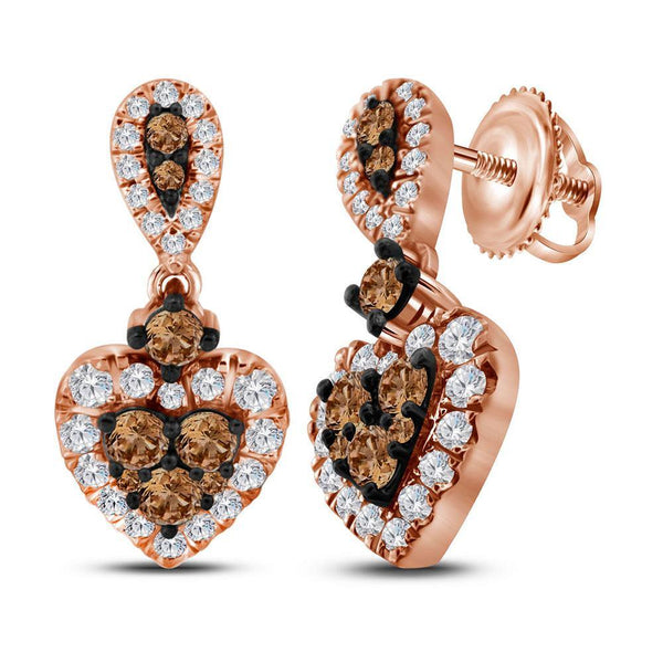 10K Rose Gold Round Cognac-brown Color Enhanced Diamond Heart Dangle Earrings 1.00 Cttw - Gold Americas