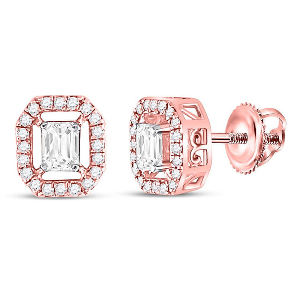 14K Rose Gold Emerald Diamond Octagon Frame Stud Earrings 1/2 Cttw