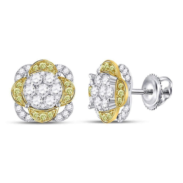 14K White Gold Round Yellow Diamond Flower Cluster Earrings 5/8 Cttw - Gold Americas