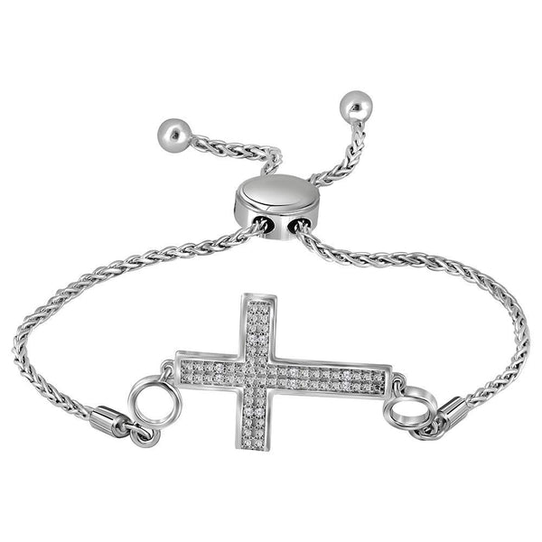 Sterling Silver Diamond Cross Religious Bolo Bracelet 1/20 Cttw