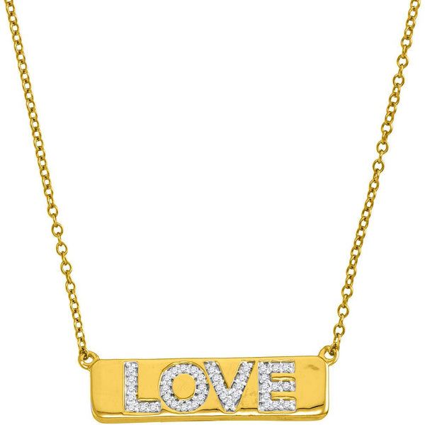 10K Yellow Gold Womens Round Diamond Love Bar Pendant Necklace with 18" Chain 1/8 Cttw