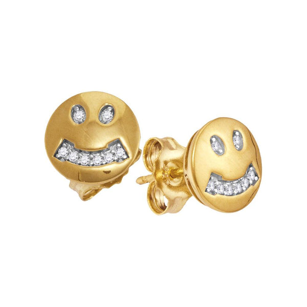 10K Yellow Gold Round Diamond Smiley Face Screwback Earrings 1/20 Cttw